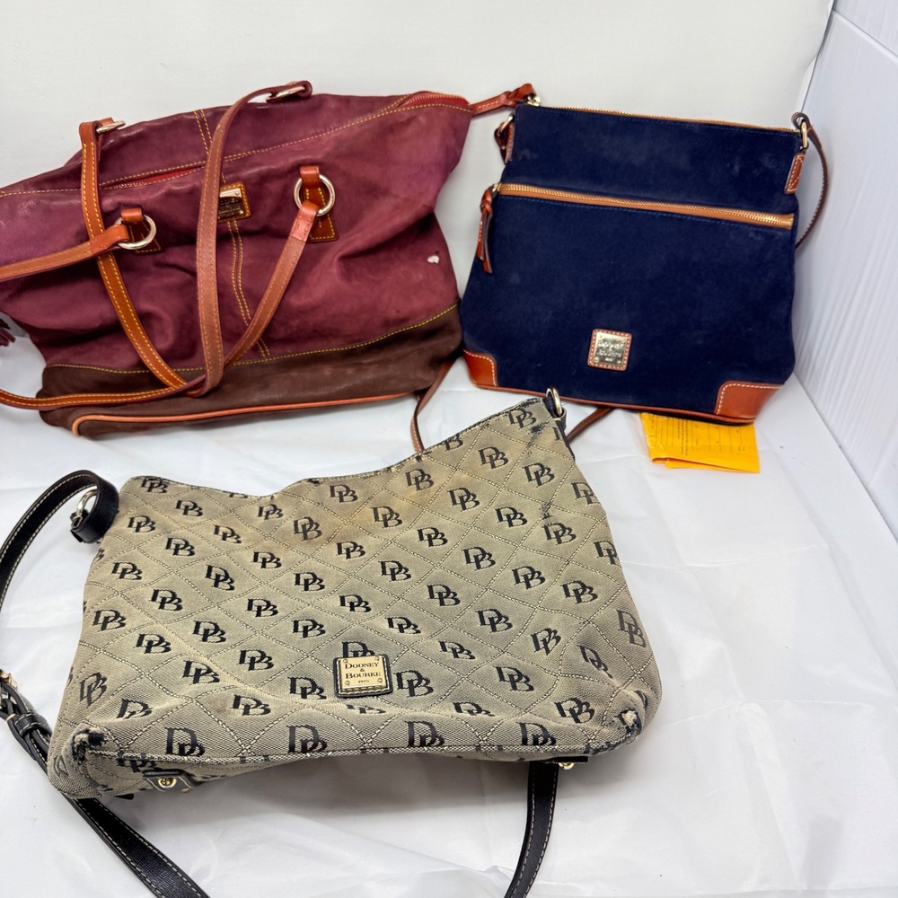 Dooney & Bourke Handbag Bundle Navy Suede Burgundy Leather Monogram Canvas 3pc